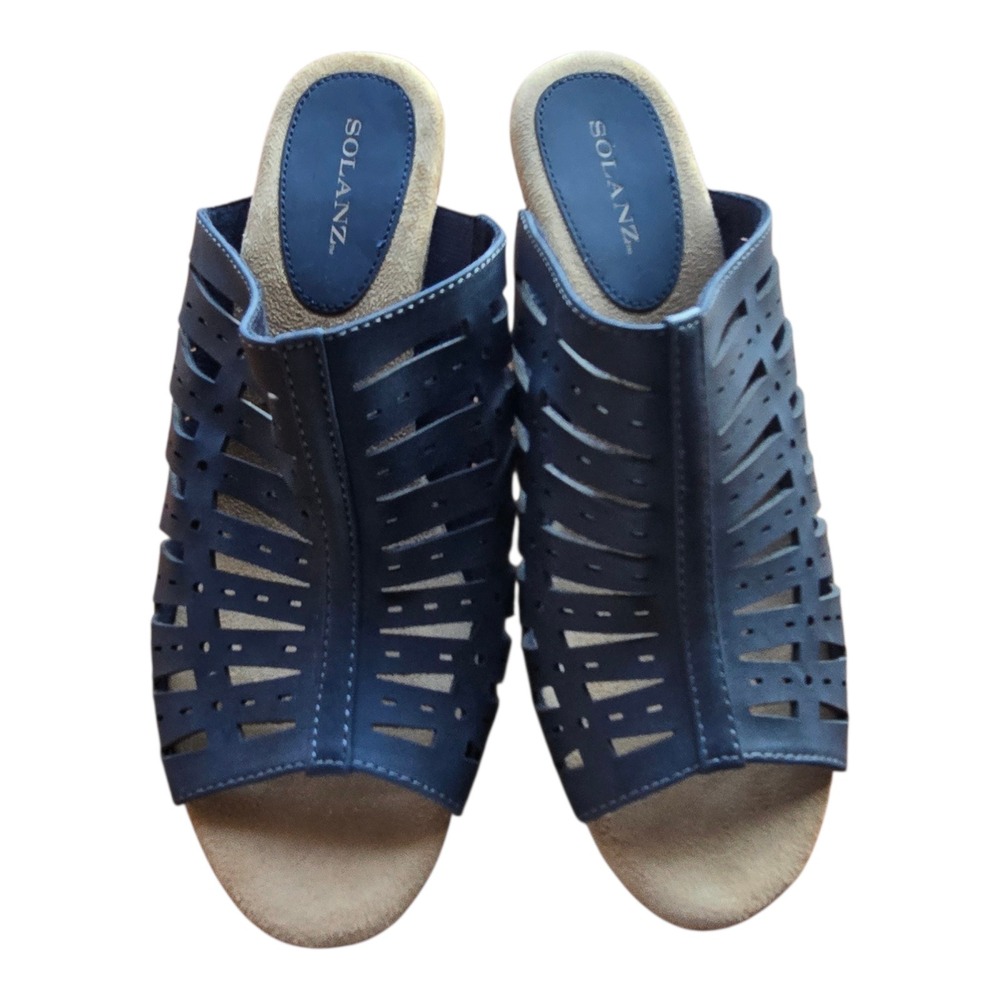 Solanz Wedges Paulette Size 9M‎ Blue Peep Toe Heel Sandal